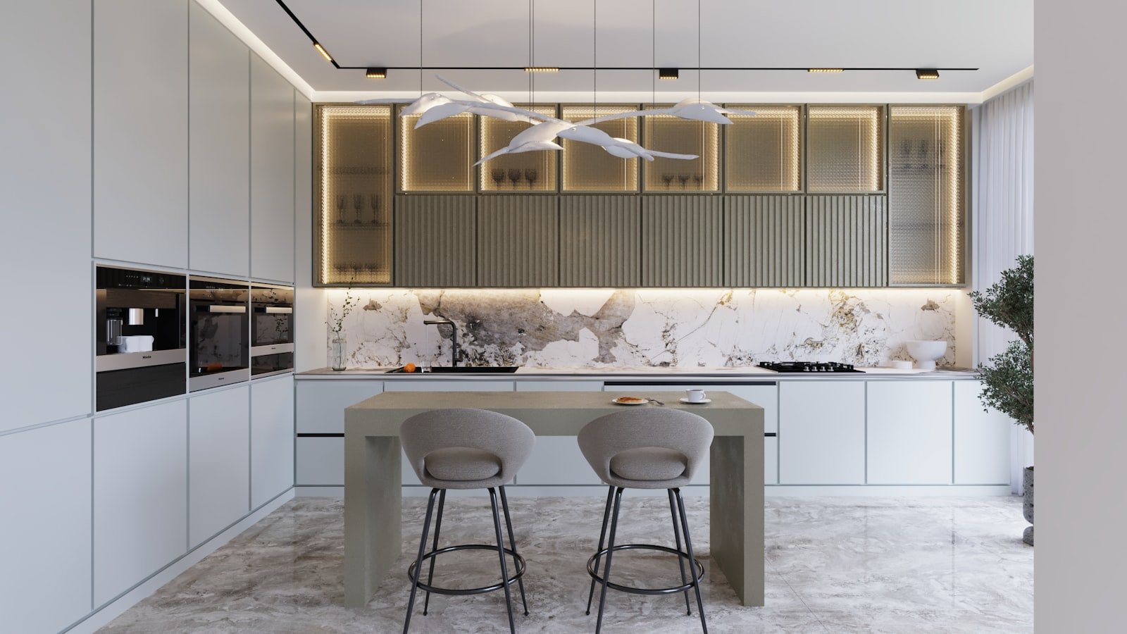 A kitchen with warm timber cabinetry, a marble island and bar stools.
